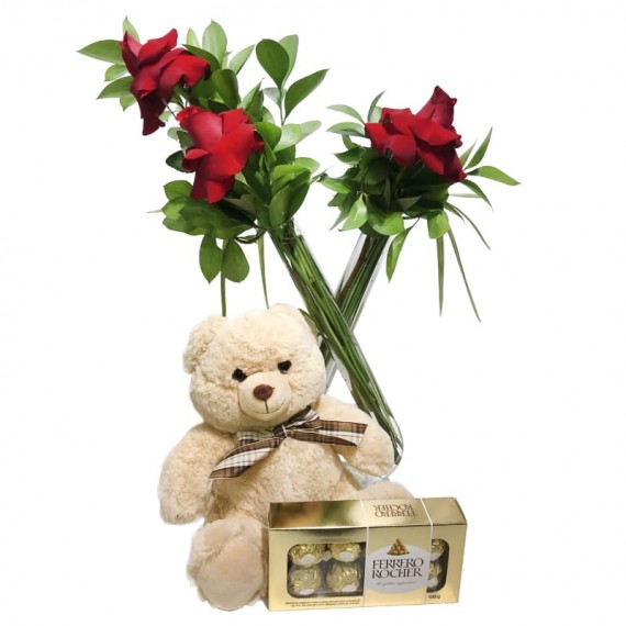 Arrangement with Colombian Roses, Teddy Bear and Ferrero Rocher Chocolate