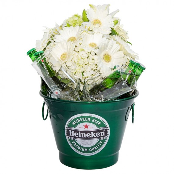 Heineken Bucket with Gerbera and Hydrangea Arrangement