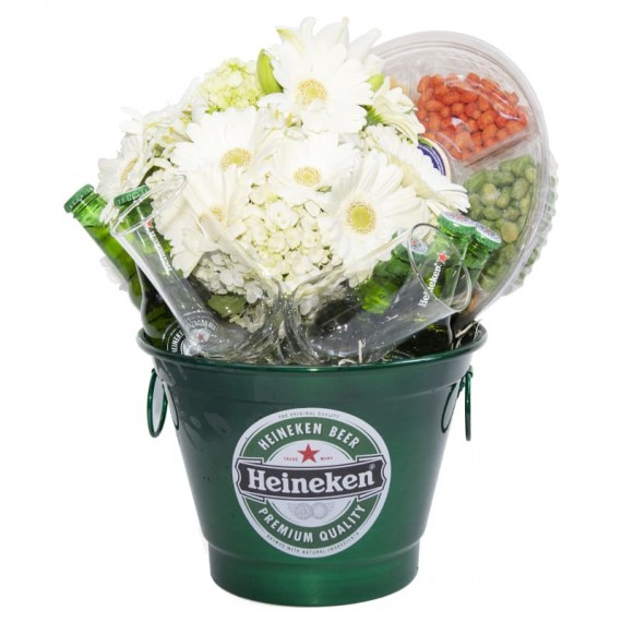 Heineken Snacks Bucket with Gerbera and Hydrangea Arrangement