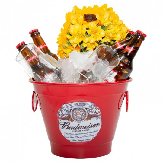 Budweiser Bucket with Astromelia and Sunflower Arrangement