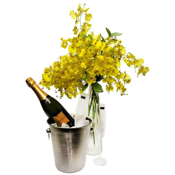 Stainless Steel Bucket with Chandon Champagne, Golden Rain Orchid Arrangements and Glasses