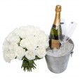 Balde Inox com Champanhe Chandon, 2 Taças e Buquê de Rosas Brancas