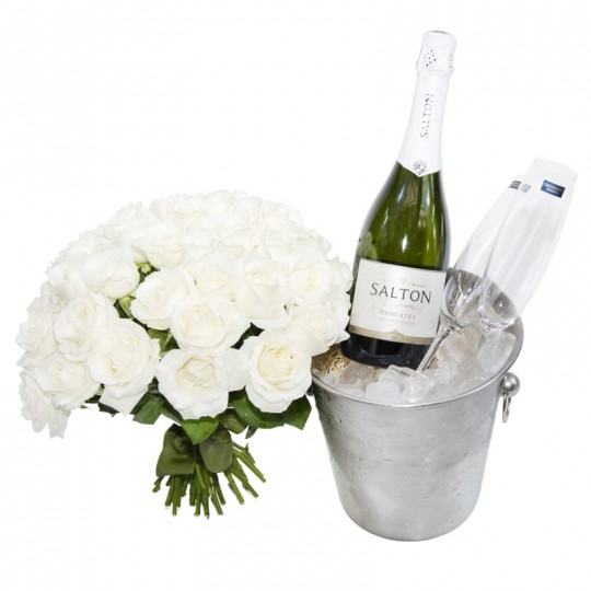 Stainless bucket with Salton champagne, 2 glasses and bouquet of white roses
