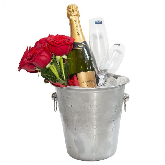 Stainless steel bucket with Chandon champagne, 2 glasses and bouquet of roses