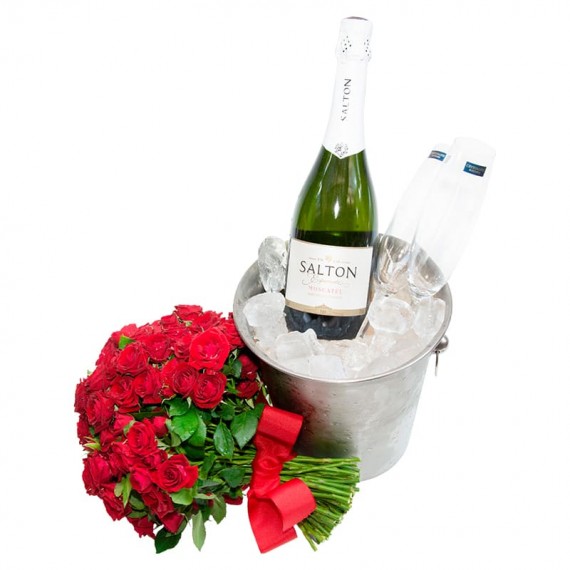 Stainless Bucket with Salton Champagne, 2 Glasses and Mini Roses Bouquet