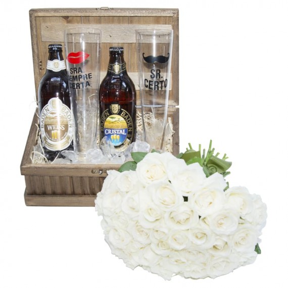 Perfect Couple Chest - Bouquet of White Roses, Beers and Glasses
