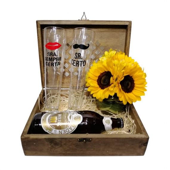 Celebrate Traditional Chest 1 - Imported Beer, 2 Glasses and Sunflower Arrangement