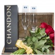 Fascination Chest I - Rustic Bouquet with 12 National Roses, Chandon and 2 glasses