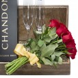 Fascination Chest I - Rustic Bouquet with 12 National Roses, Chandon and 2 glasses