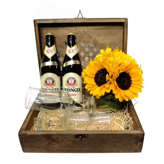 Celebrate Traditional Chest  2- Beers, Bowls and Sunflower Arrangement
