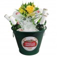 Stella Artois aluminum bucket with Stella Artois beers, 02 cups and arrangement of astromelia and National Roses