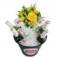 Stella Artois aluminum bucket with Stella Artois beers, 02 cups and arrangement of astromelia and National Roses