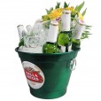 Stella Artois aluminum bucket with Stella Artois beers, 02 cups and arrangement of astromelia and National Roses