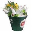 Stella Artois aluminum bucket with Stella Artois beers, 02 cups and arrangement of astromelia and National Roses