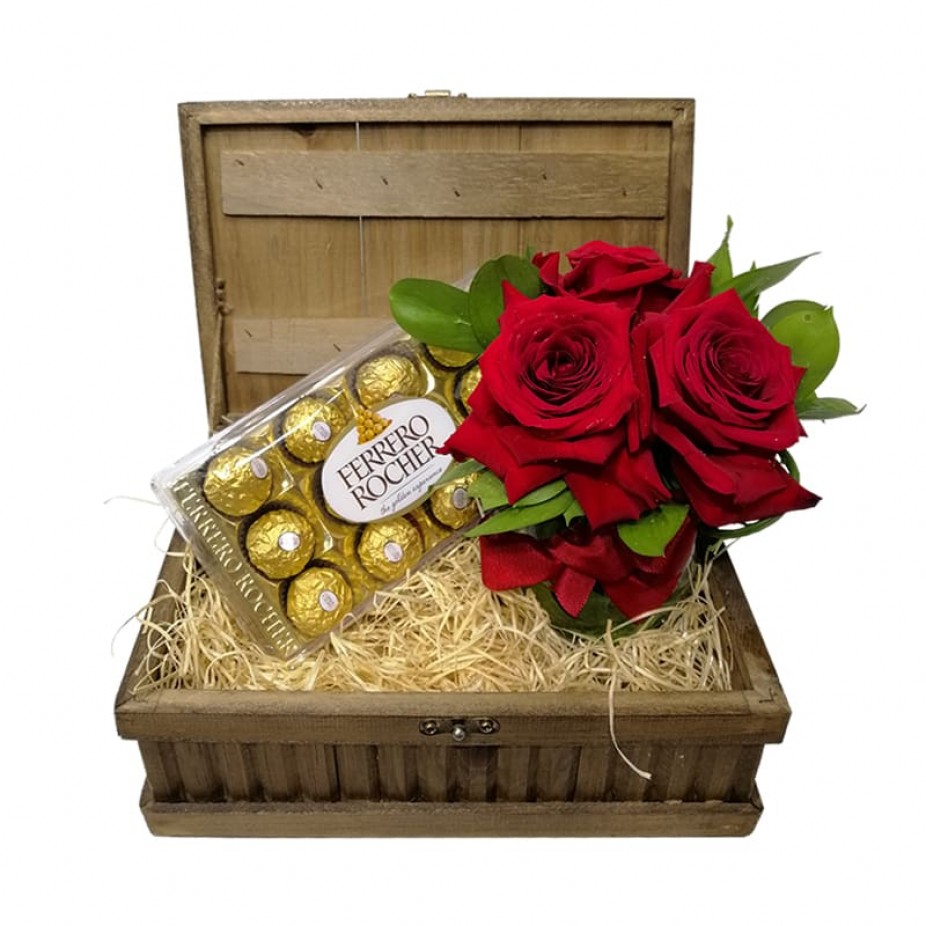 Traditional Surprise Chest 3 - Colombian Roses and Ferrero Rocher  Arrangement