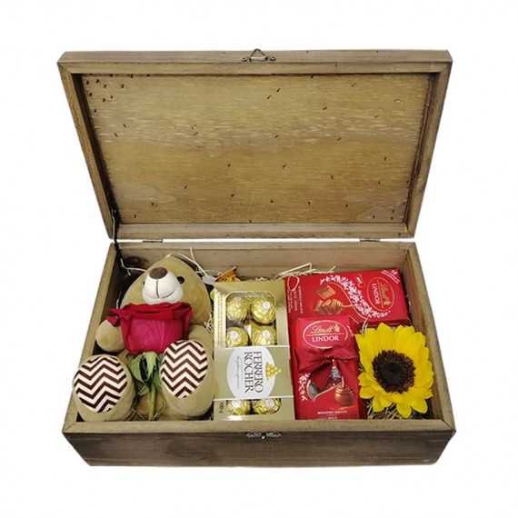 Wooden Chest with Teddy Bear, Sunflower, Ferrero Rocher and 02 Chocolates Lindts