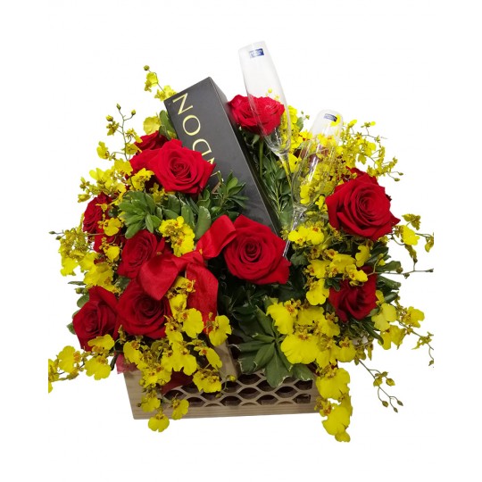 Cesta Luxo III - Rosas, Orquídeas Chuva de Ouro, 2 taças e Chandon