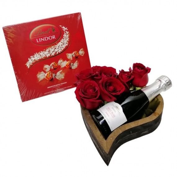 Wooden Heart with Roses and Baby Brut Champagne and Lindt Chocolate