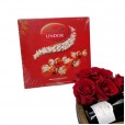 Coração de Madeira com Rosas e Champanhe Baby Brut e Chocolate Lindt