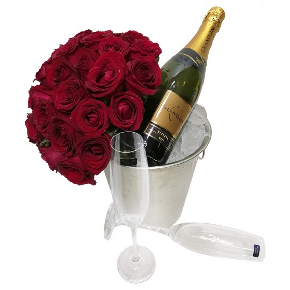 Bouquet with Colombian Roses, Chandon, Bucket and Glasses