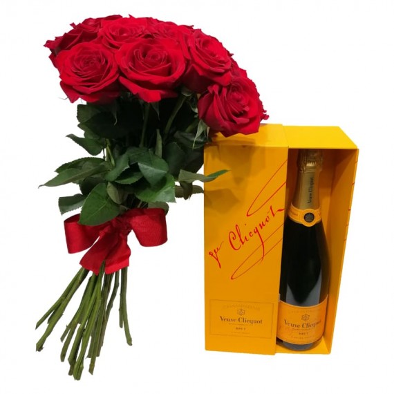 Rustic Bouquet with imported Roses and Veuve Clicquot Champagne