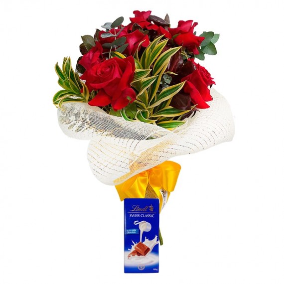 Passion Bouquet with Six Colombian Roses and Lindt Swiss Classic