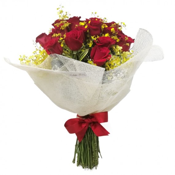 Bouquet with 24 Colombian Roses and Golden Rain