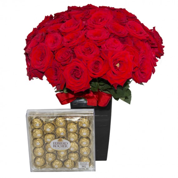 Bouquet with 50 Colombian Roses and Chocolate Ferrero Rocher with 24 units