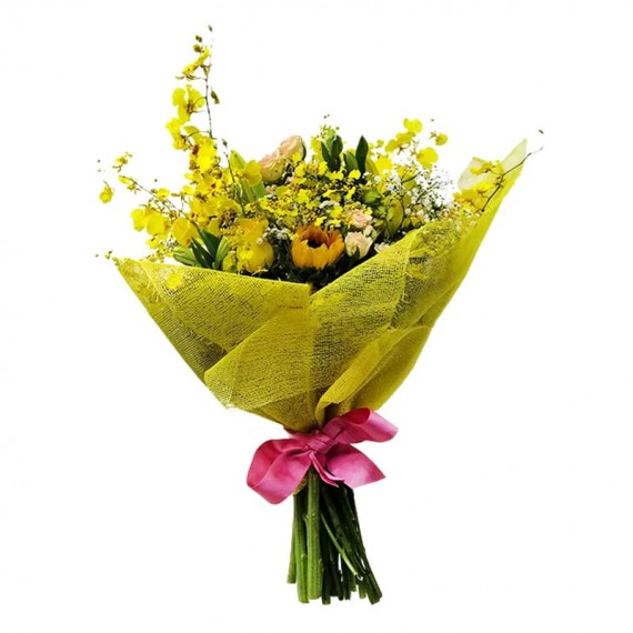Bouquet of Gold Mini Orchids, Sunflowers and Mini Roses