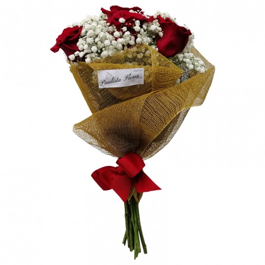 Buquê com 06 Rosas Colombianas e Gipsofilas Carinho