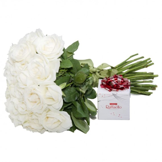 Rustic Bouquet White National Roses and Rafaello