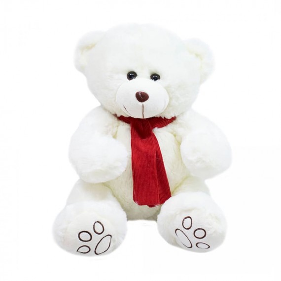 Urso de Pelúcia Branco com Cachecol Vermelho - 35cm