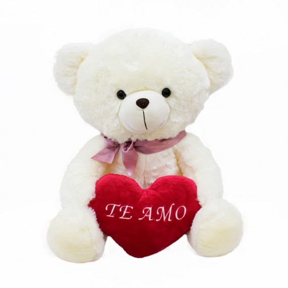 Urso Branco de Pelúcia Com Laço  e Coração Te Amo - 45cm