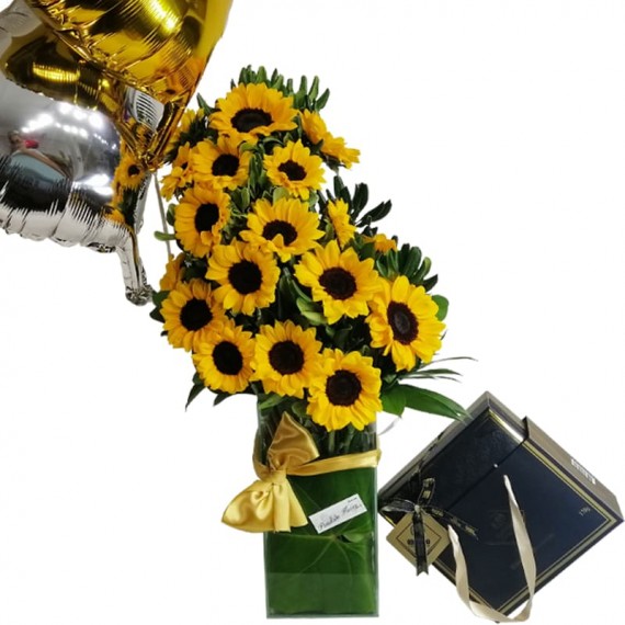 Splendid Sunflower Arrangement with Balloons and Chocolate Elit Gourmet Collection 1