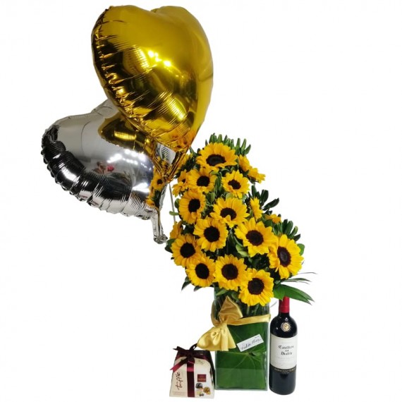 Splendid Sunflower Arrangement with Balloons. Elit Truffle Chocolates and Casillero del Diablo Wine