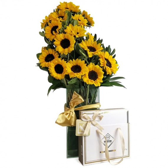 Splendid Sunflower Arrangement with Assorted Chocolates Elit Gourmet Collection in Bag 2