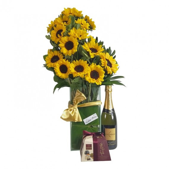 Splendid Sunflower Arrangement with Elit Gourmet Collection Chocolate Truffle and Chandon Champagne