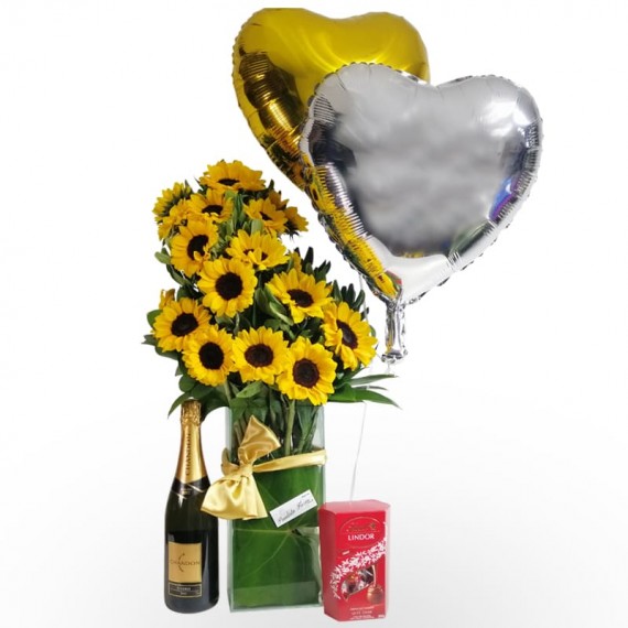 Splendid Sunflower Arrangement with Lindt Chocolate, Balloons and Chandon Champagne