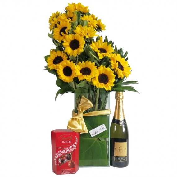 Splendid Sunflower Arrangement with Lindt Chocolate and Chandon Champagne