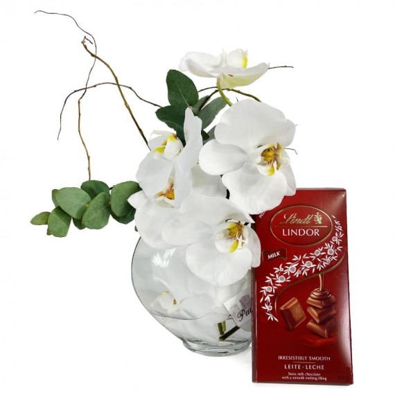 Arrangement of White Heart Orchids and Lindt Milk Chocolate Bar