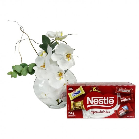 Arrangement of White Heart Orchids and Box of Nestlé Chocolates