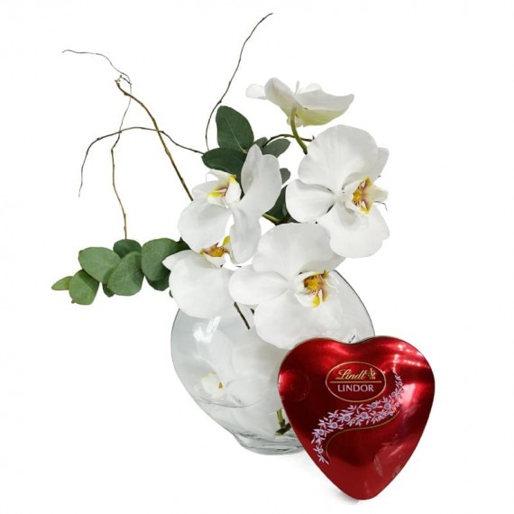 Arrangement of White Heart Orchids and Lindt Heart P