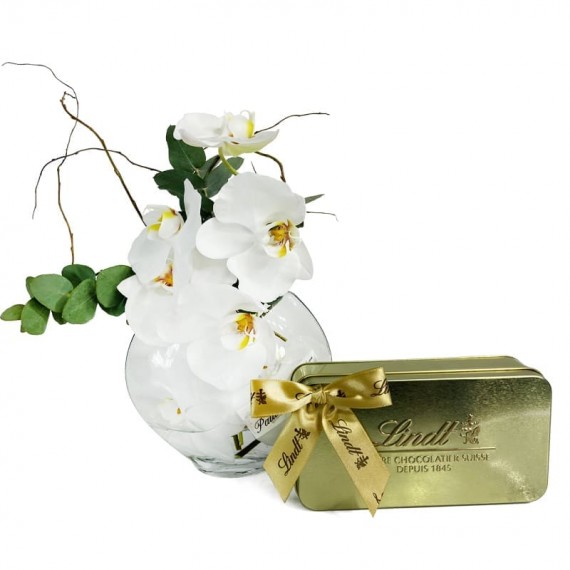 Arrangement of White Heart Orchids and Lindt Gold Gift