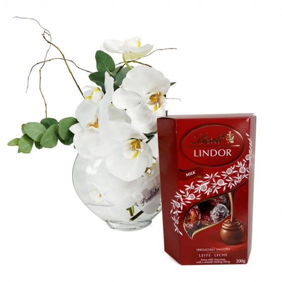 Arrangement of White Heart Orchids and Lindt Milk