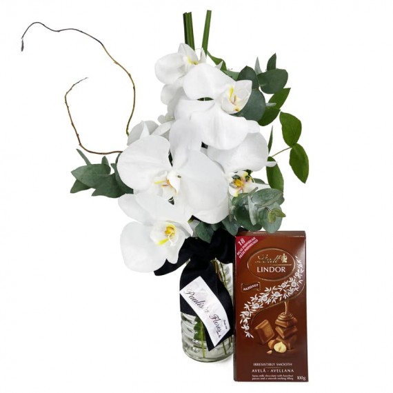 Arrangement of Love White Orchids and Lindt Hazelnut Chocolate Bar