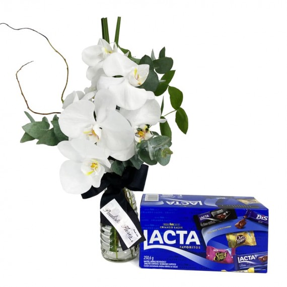 Arrangement of Love White Orchids and Lacta Chocolate Box