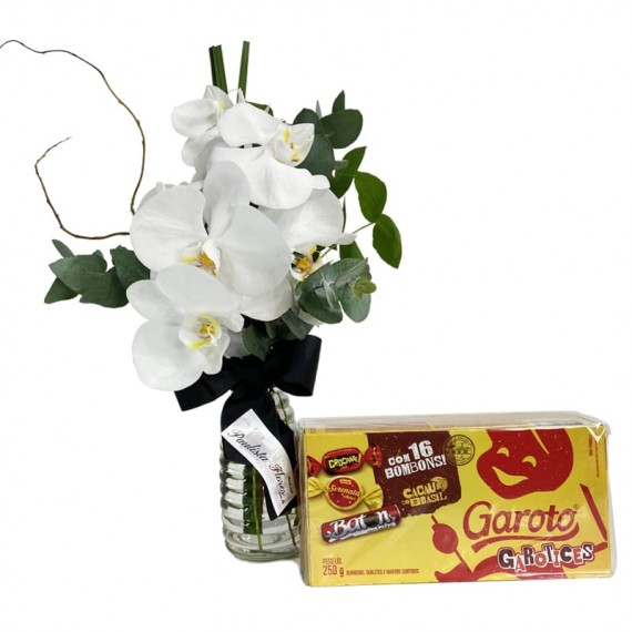 Arrangement of Love White Orchids and Garoto Chocolate Box