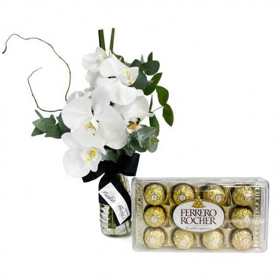 Arranjo de Orquídeas Brancas Love e Ferrero Rocher G