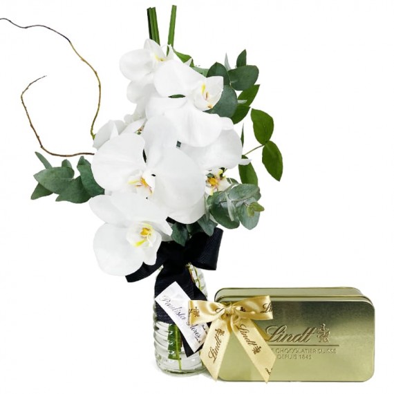 Arrangement of White Orchids Love and Lindt Gold Gift