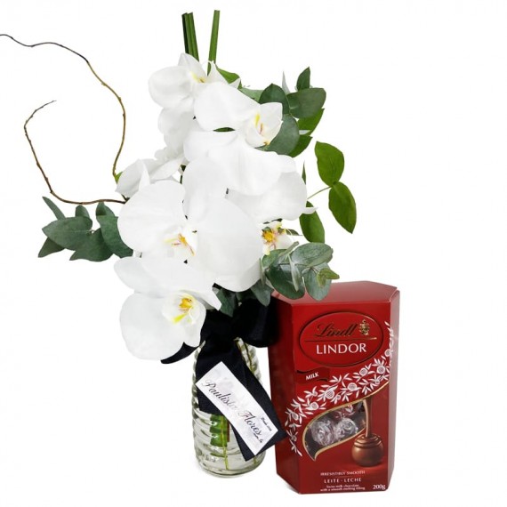 Arrangement of White Orchids Love and Lindt Milk
